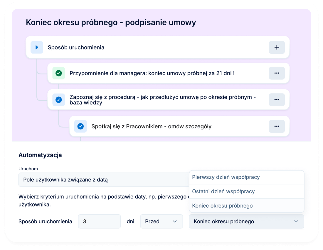 Automatyczne przypomnienia i workflow końca okresu próbnego w PeopleForce